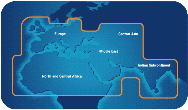 Зона покрытия спутника Thuraya